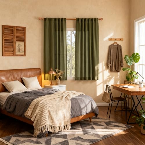 Short Semi Sheer Curtains for Bedroom 63 Inches Long Light Filtering Privacy Drapes for Small Window Linen Look Boho Home Decor Curtain for Parties (50"W x 63"L (Pack of 2) / Olive Green-new)