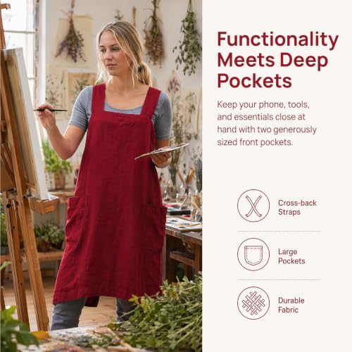 Cross Back Linen Cotton Apron with Pockets (3X-Large / Red)