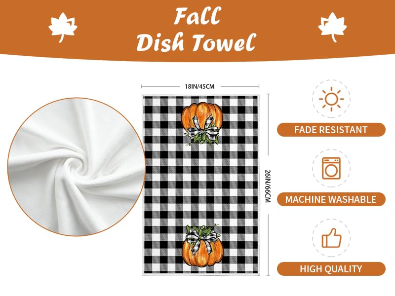 Pumpkin Fall Kitchen Towels Set of 4 for Decor Buffalo Plaid (Orange)