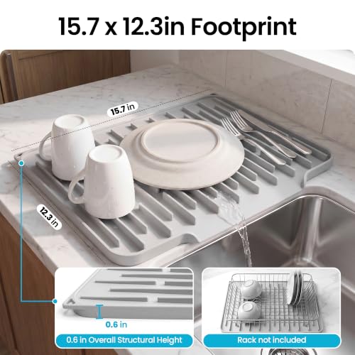 Foldable Silicone Dish Drying Mat for Kitchen Counter & Sink (Light Gray / 15.7" x 12.3")