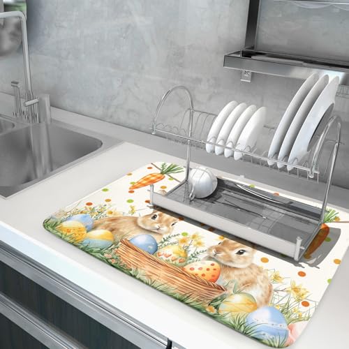 Easter Bunny Dish Drying Mat Eggs Carrot Dishes Drainer Pad Absorbent Reversible Dish Rack Mat Protector for Kitchen Countertop 18x24 Inch (Easter Bunny Carrot / 18" x 24")