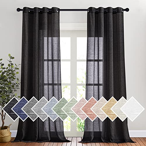 Classic Linen Weave Flax Sheer Window Curtains (52"W x 96"L (Pack of 2) / Black)