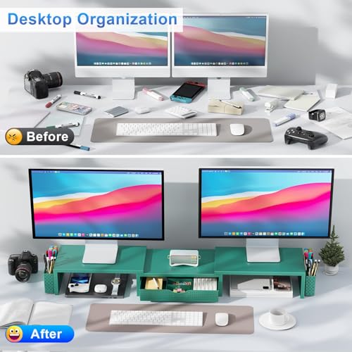 Dual Monitor Stand Riser With Drawer and 2 Pen Holders (Green)