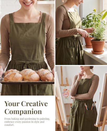 Vintage Aprons for Women with Pockets Cute Pinafore Apron Dress for Kitchen Cooking Baking Gardening (Dark Olive Green)