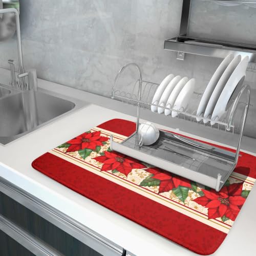 Poinsettia Flowers Dish Drying Mat 18"x24" Christmas Red Decorative Dish Drainer Mats Xmas Winter Floral Print Reversible Microfiber Dish Drying Rack Pad for Kitchen Countertop Sink (24" x 18")