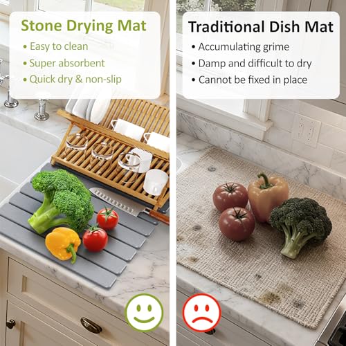Large Stone Dish Drying Mat for Kitchen Counter (Light Grey / 24" x 16")