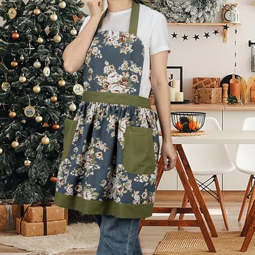 Kitchen Aprons for Women with Pockets (Dark Blue Floral)
