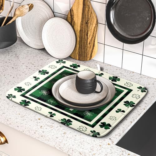 Patrick Clovers Dish Drying Mat 16"x18" Lucky Shamrock Spring Leaf Dish Drainer Mats Green Black Buffalo Plaids Absorbent Microfiber Dish Drying Pad for Kitchen Countertop Small Decor (18" x 16")