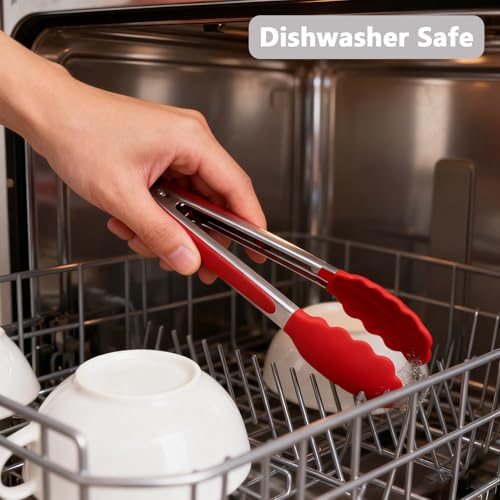 Kitchen Silicone Tongs for Cooking with Non (Red / 2Pcs, 9+12 Inch)