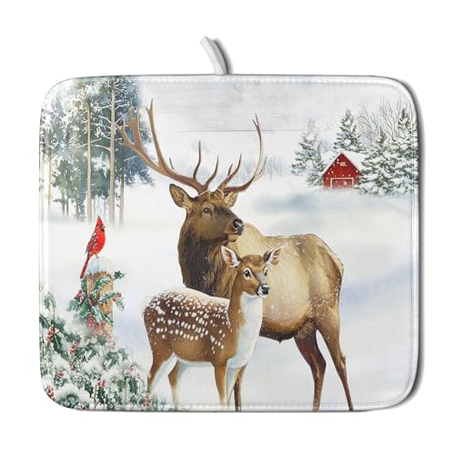 Winter Deer Dish Drying Mat 16"x18" Xmas Tree Bird Holly Berry Dish Drainer Mats Elk Moose Snow Cottage Farmhouse Reversible Small Dish Drying Pad Protector for Kitchen Countertop Decor (18" x 16")