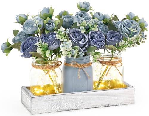 Mason Jar Lights Centerpieces for Tables Dining Room Farmhouse Decor (Grey Blue / small)