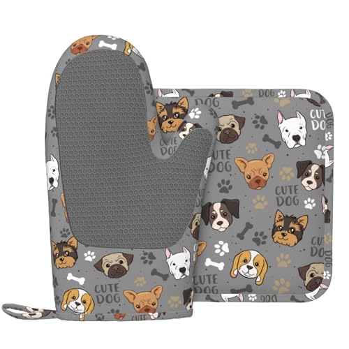 Cute Puppy Dog Oven Mitts and Pot Holders Sets Heat Resistant Non (Black7 / One Size)