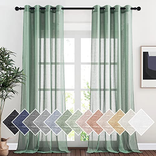 Flax Linen Sheer Curtains 108" Long for Windows (52"W x 108"L (Pack of 2) / Olive Green)