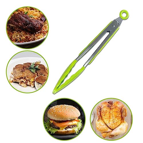 2-Pack of 9" (Small) & 12" (Large) Kitchen Tongs Set: Non-Stick Silicone-Stainless Steel Cooking Tongs, BPA Free, Heat Resistant (480°F) - Non-Slip Grip & Locking Metal Food Tongs (Green) (Green)