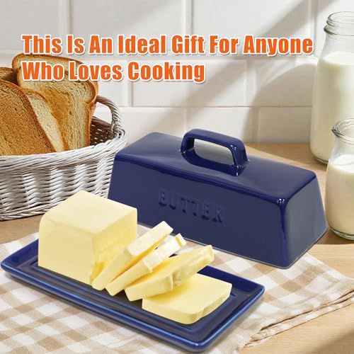 Butter Dish with Lid Ceramic Countertop Storage Navy Blue
