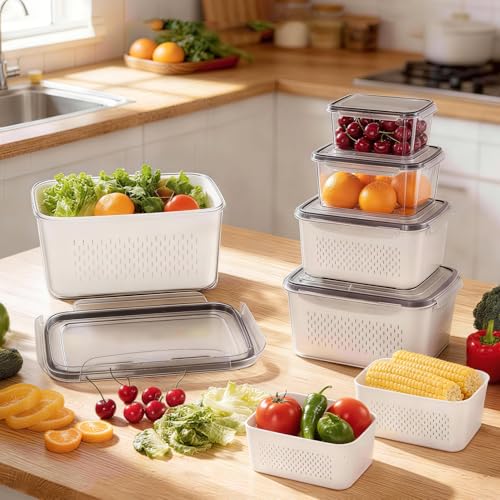 6 PCS Fruit Storage Containers for Fridge with 6 Removable Colanders (6 Pack)