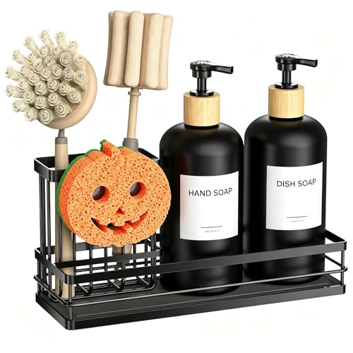 Kitchen Dish Soap Dispenser Set (Black Tray+black Bottle+labels)