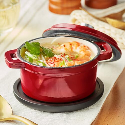 Mini Cocotte 16 oz Mini Dutch Oven 0.5 qt. Cast Iron Garlic Roaster for Oven Garlic Confit Pot Ramekins with Lids Oven Safe Set of 2 (2 Set-Red / 16 oz-2 Set)