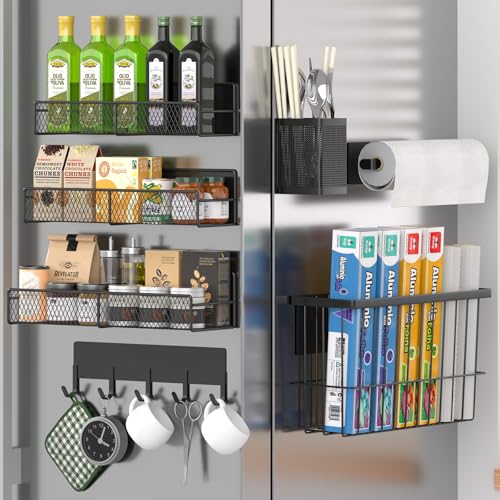 Magnetic Spice Rack for Refrigerator (Black / Large 7 Pack)