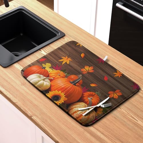 AutumnThanksgiving Pumpkin Dish Drying Mat for Kitchen Counter 18x24 Inch Fall Sunflowers Maple Leaves Harvest Kitchen Drying Mat Microfiber Super Absorbent Dish Rack Drainer Mat with Hanging Loop (Pumpkin / 18" x 24")