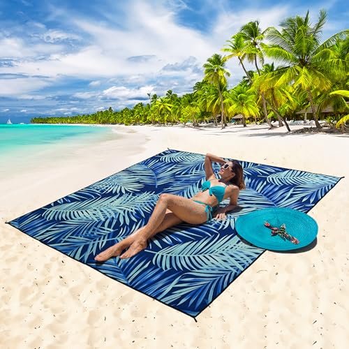 Beach Blanket Mat Waterproof Sandproof for 2 (Leaves Blue / 79" X 83"（1-4person）)