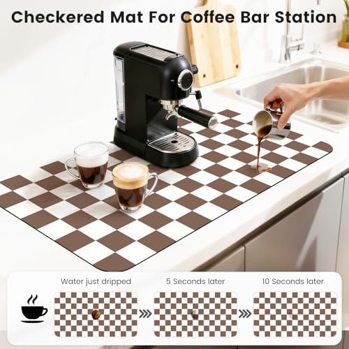 Checkered Dish Mat for Kitchen Coffee Station (Coffee Brown / 17" x 32")
