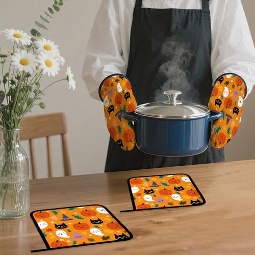 Halloween Pumpkins Oven Mitts and Pot Holders Set (Halloween Pumpkins Ghosts Black Cats)