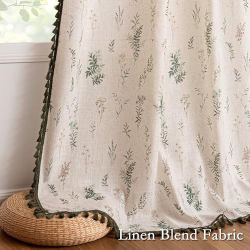 Linen Boho Floral Curtains 96 inch Long 2 Panels Green Tassels Leaf Printed Rustic Country Light Filtering Semi Sheer Curtains for Living Room Bedroom (Green / 50"W x 96"L (Pack of 2))