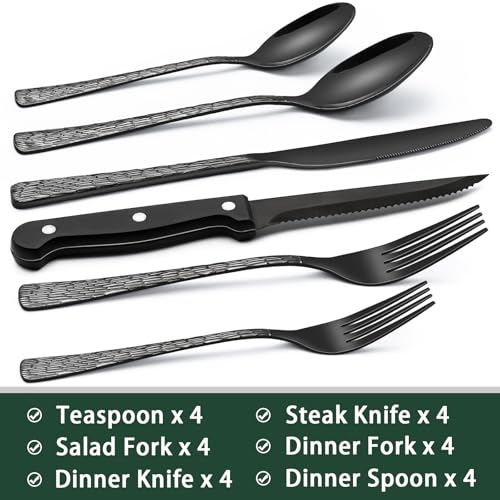 24 Piece Black Silverware Set with Steak Knives (Tree Pattern)