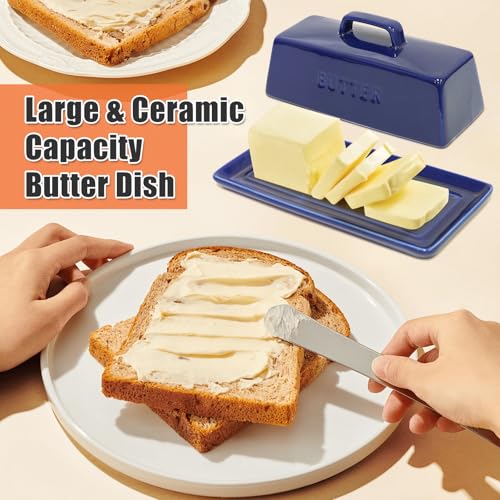 Butter Dish with Lid Ceramic Countertop Storage Navy Blue