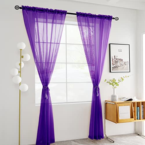 Solid Sheer Rod Pocket Curtain Voile Draperies 2 Panels White Beige Black Grey Coffee 52 Inch Width 63 Inch Long 1 Pair for Kitchen Bedroom Children Living Room Yard (Purple / 52"W x 63"L (Pack of 2))