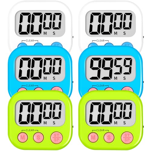 Digital Kitchen Classroom Timers for Kids Cooking 6pcs Wht Blu Grn (White & Blue & Green)