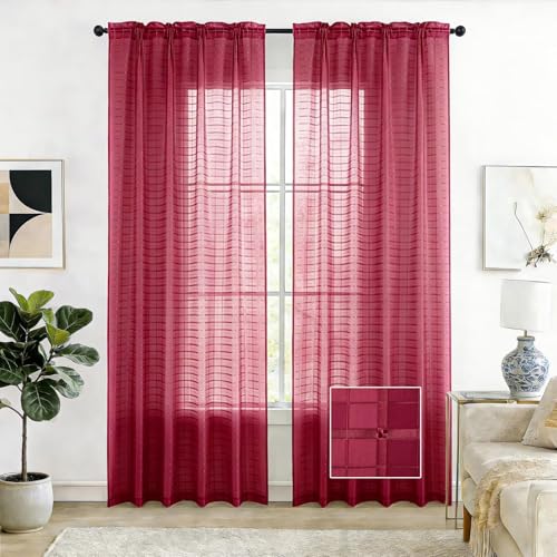 Check Sheer Curtains 63 Inches Long for Living Room (Check - Burgundy / 52"W x 63"L (Pack of 2))