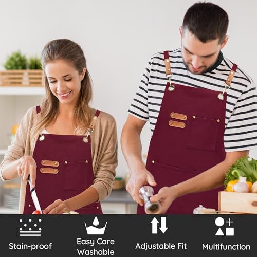Chef Canvas Aprons with 3 Large Pockets Adjustable Strap for Men Women Red (Red)