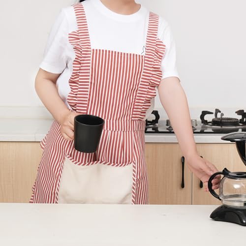 Cute Cotton Apron for Women (Medium / Red/Brown Striped)