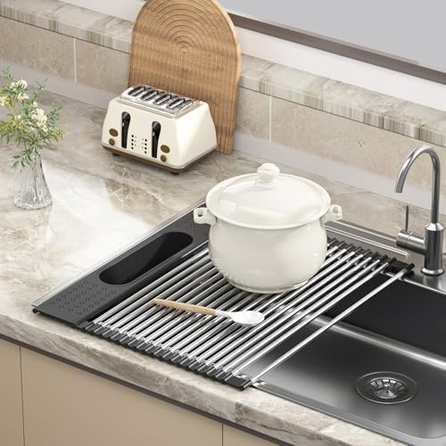 Roll Up Dish Drying Rack Over Sink (Black（17.5" X 15.2"）)