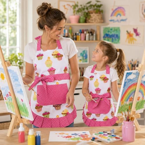 Apron for Women with Pockets (Pink+cupcake Set)