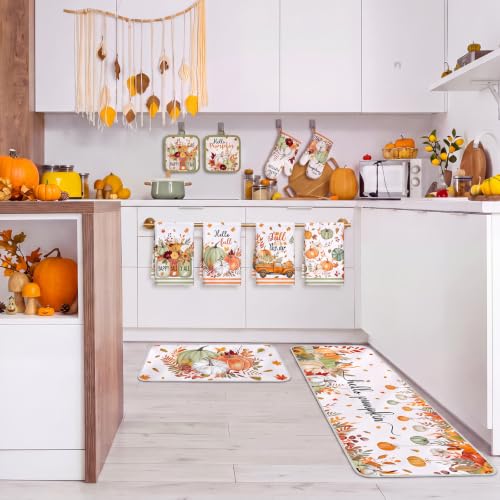 10 Pcs Fall Pumpkin Kitchen Decor Set Kitchen Towels Pot Holders Oven Mitts and Rugs Set Thanksgiving Towels for Baking Cooking BBQ Autumn Home (Light Color / Little Fresh)