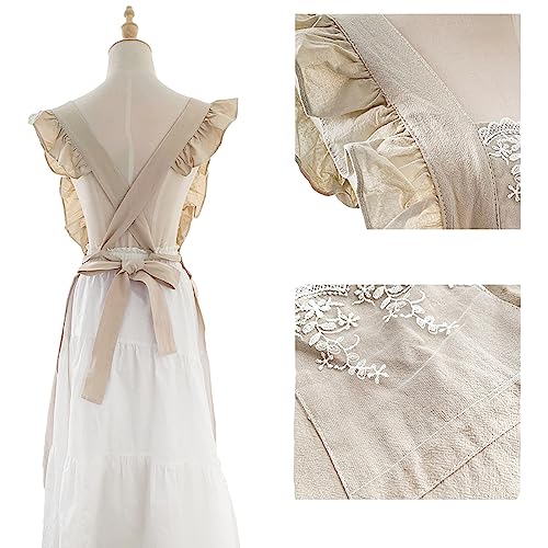 Cute Cotton Apron Frilly Lace Ruffle Adjustable Pinafore Apron Dress with Pockets for Cooking Baking Cleaning Gardening (Beige)