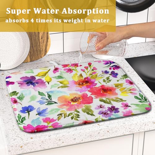 Spring Floral Dish Drying Mat for Kitchen Counter Flower Microfiber Absorbent Dish Draining Reusable Washable Foldable 16"x18" (18" x 16")
