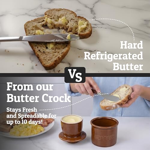 Butter Crock with Lid for Countertop with Spreader Knife and Water Line (Brown / Regular)