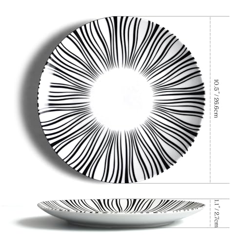 10" Black and White Striped Ceramic Plates Set of 6 (White plates with black stripes / 10 inch)
