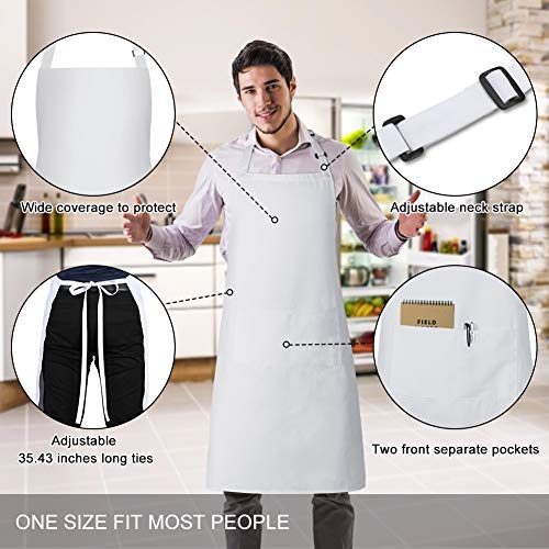 2 Pack Bib Aprons with 2 Pockets Cooking Chef Kitchen Apron for Women Men (White)