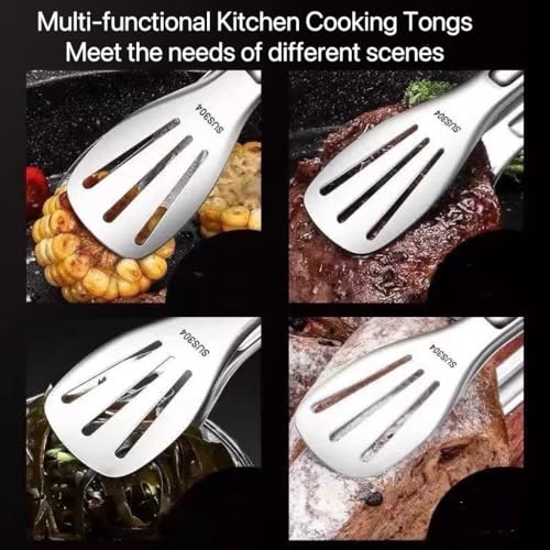3Pcs 304 Stainless Steel Grill Clamp Kitchen Cooking Tongs Multipurpose Barbecue Clamp Spatula for Gripper Bread Clip (Red Set)