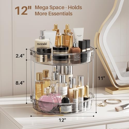 12 inch 2 Tier Lazy Susan Turntable Organizer Rotating Spice Rack Organization for Cabinet (Gray / 12in 1Pack High Edge)