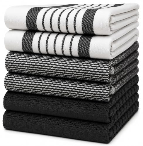 Premium Kitchen Towels 6 Pack 100% Cotton 20"x28" Dish Towels Black Striped (Striped Black / Kitchen Towels - Mixed Styles (6 Pack))