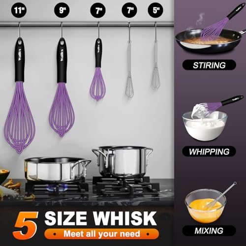Whisk Silicone Whisks Set of 5 (5pcs Purple + Stainless Steel;7+9+11in & 5+7in)