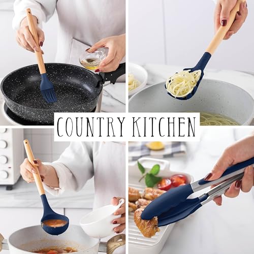 Non Stick Silicone Utensil Set with Rounded Wood Handles for Cooking and Baking (14 Piece Set / Navy)