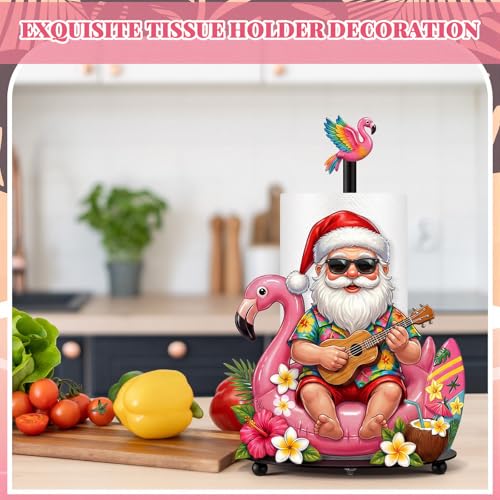 Christmas in July Paper Towel Holder Summer Christmas Kitchen Bathroom Decor Hawaiian Tropical Flamingo Santa Dispenser Kitchen Paper Holder Stand for Xmas in July Countertop Toilet Home Decor (July Christmas)