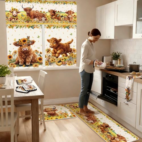 13 Pcs Sunflower Highland Cow Kitchen Curtains Valance Decor Set (Sunflower Highland Cow)